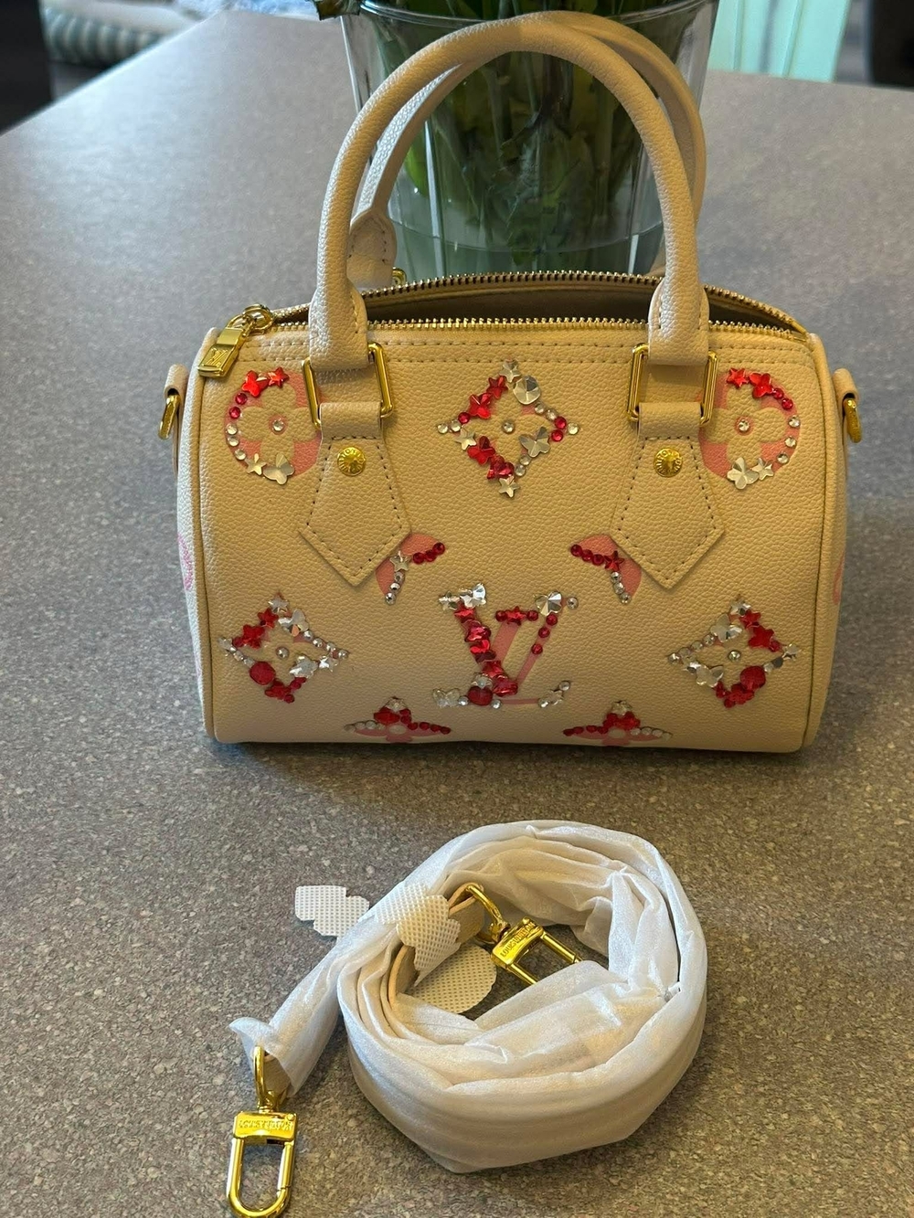 Cream Leather Embellished Satchel